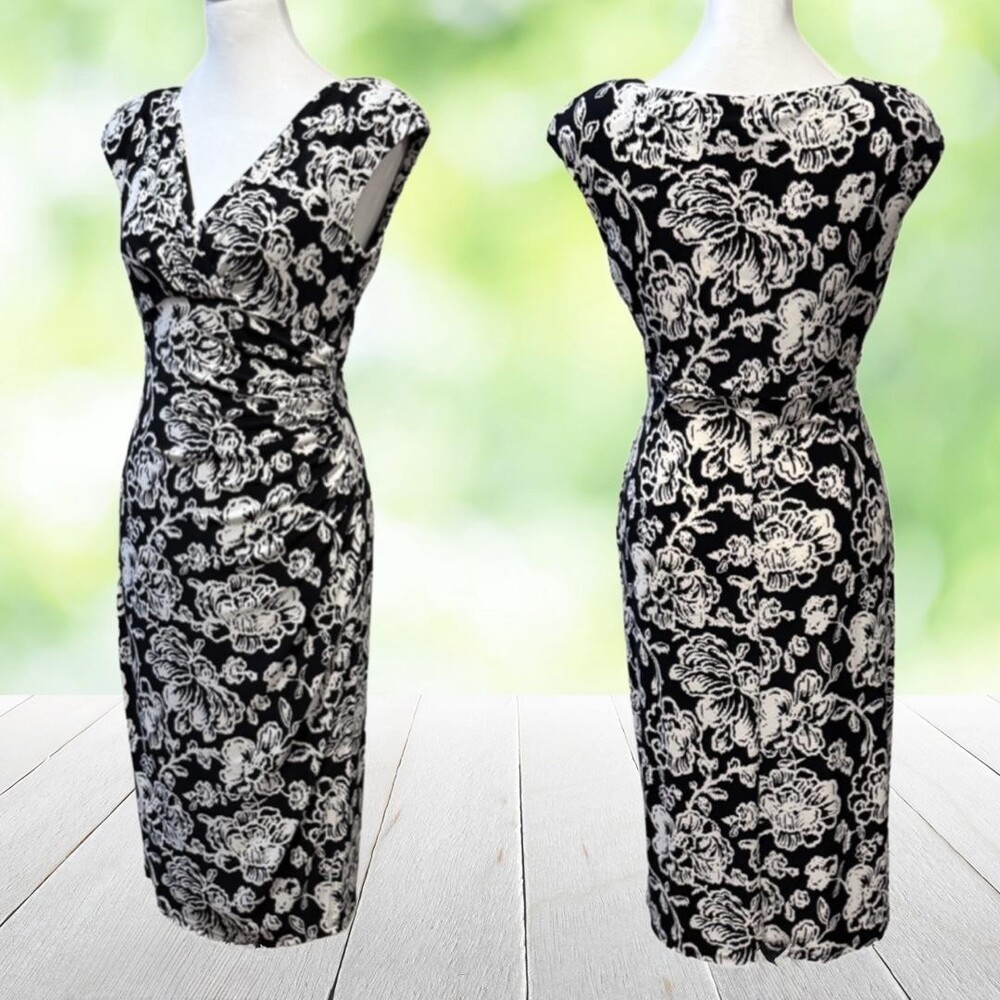 Vtg Y2K LAUREN RALPH LAUREN Babydoll Dress Faux Wrap Floral Ruched Stretch Sz 4